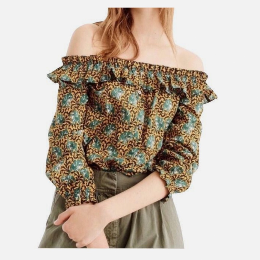 J Crew Ratti Elephant Print Ruffle Off the Shoulder Top Blouse Size Small Yellow